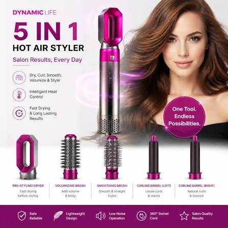 5-in-1 Hair Styler Hot Air Brush | Volumizer, Straightener & Curler